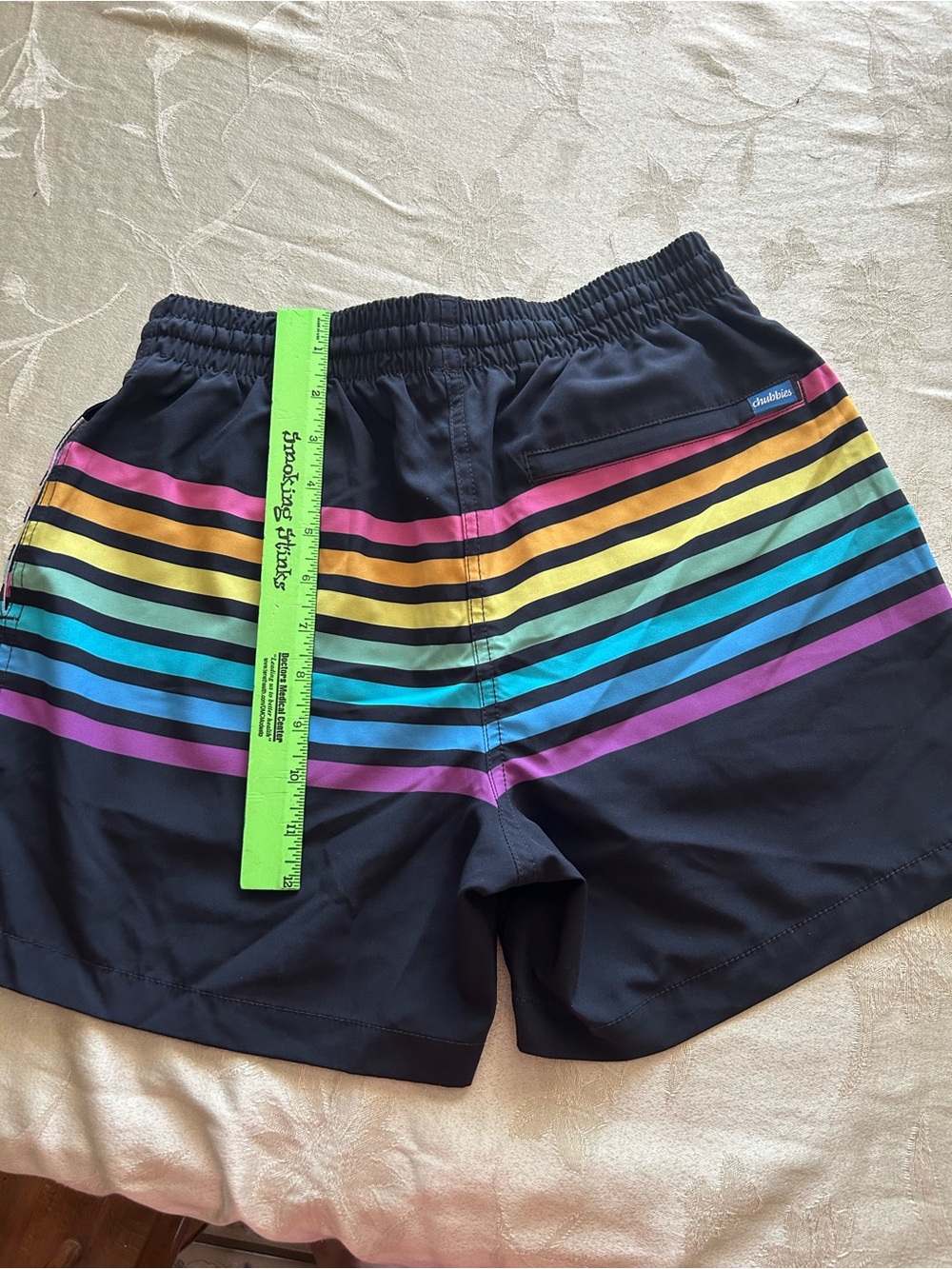 chubbies Black Swim Shorts with Rainbow Diagonal Stripes